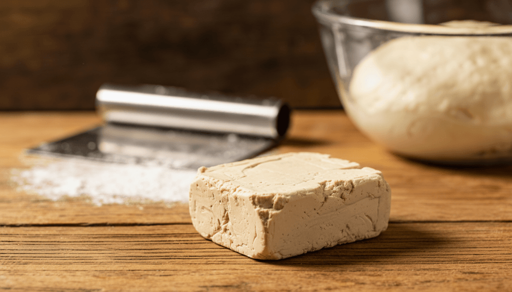 Block of fresh cake yeast on a wooden table with pizza making tools in the background